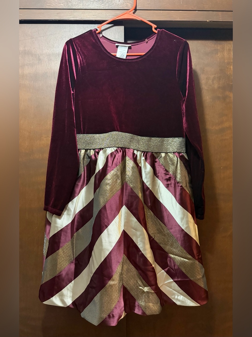 Bonnie Jean Burgundy Velvet and Gold Striped Holiday Dress